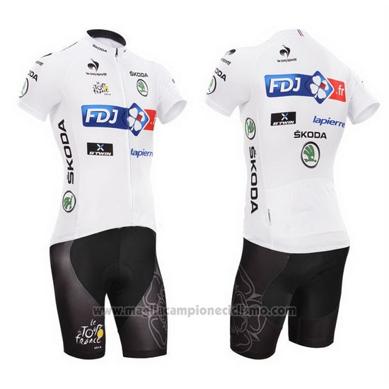 2014 Abbigliamento Ciclismo FDJ Lider Bianco Manica Corta e Salopette